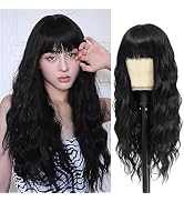 Verna Long Black Wig with Bangs, 26 Inch Black Wavy Wigs for Women, Natural Looking Black Hair Wi...
