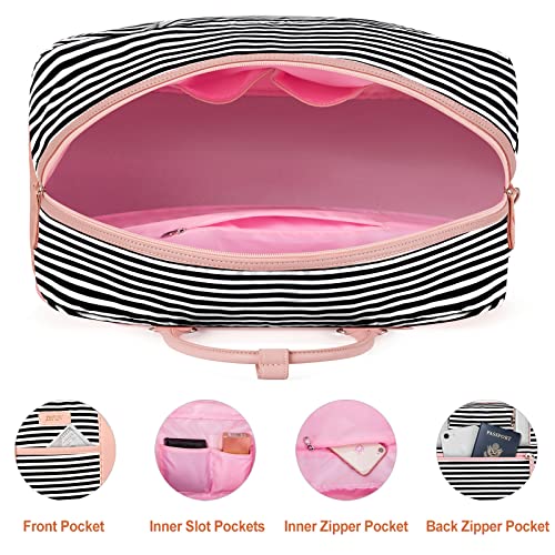Image of Weekender Bag for Women, Large Overnight Bag Canvas Travel Duffel Bag Carry On Tote with Shoe Compartment 21 inch 3Pcs Set, A07-pink+black & white stripes, Large, Practical