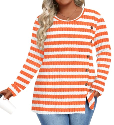 Image of HOTGIFT Womens Plus Size Sweater Tops Long Sleeve Crewneck Casual Tunic Shirts Buttons XL-5XL Blouse Soft Comfy Fashion