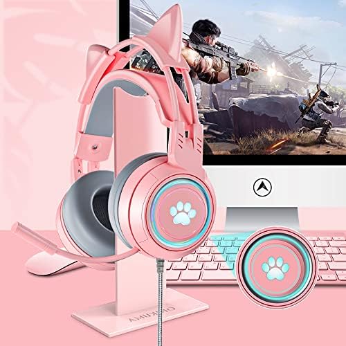 JYPS Cute Gaming Headset with Microphone for Laptop/PC /PS4 /PS5 /Xbox/Nintendo Switch, 3.5mm Wired USB Headset with Cat Ears and RGB Lights for Kids/Boys/Girls/Adults/Women (pink)