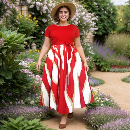 Image of Hostoyo Women Plus Size Formal A Line Maxi Dress Self Tie Waist with Pockets Elegant Round Neck Swing Long Dresses
