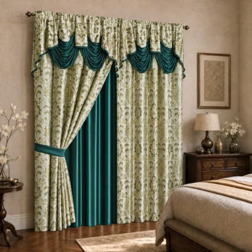 GOHD Samba Star. Jacquard Window Curtain Panel Drape with Attached Fancy Valance and Taffeta Backing. 2pcs Set. Each pc 54" Wide x 90" Drop with 18" Valance. (Hunter Green)