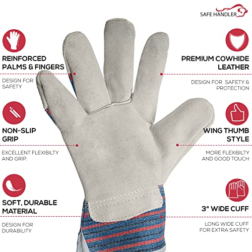 Safe Handler Economy Work Leather Gloves | Heavy Duty Rugged Design, Safety Work Gloves, Lightweight & Versatile, 3" Cuff, Pack Of 3 Pairs (6 Gloves) #TOP4