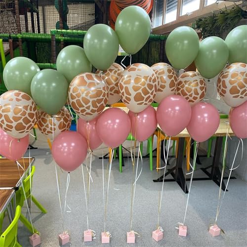 Image of Pink Jungle Safari Balloons, 60PCS Sage Green Pastel Pink Gold Balloon, Light Pink Cream Beige Balloon with Animal Print for Girls Birthday Baby Shower Wild One Giraffe Party Decorations Supplies