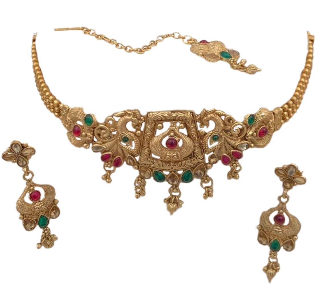 SAAVI COLLECTION Gold Plated Ethnic Traditional Festive Peacock Pattern Choker Necklace Festive Season for Women's and girls