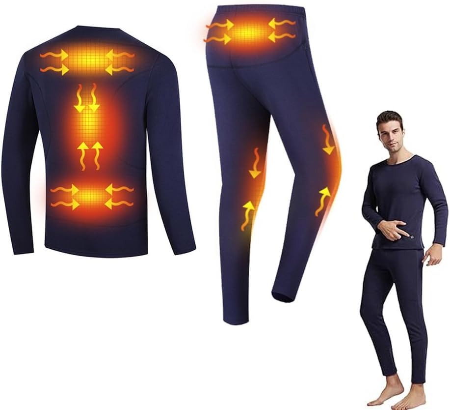 Men's Heated Thermal Underwear Set with 6 Heating Zones, Men Winter thermal clothes USB Charging Jumper and Legging,Black,L