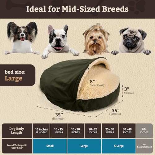 Image of Snoozer Cozy Cave Dog Bed - Indoor Dog Bed with Cover Cave, Covered Calming Burrow for Small & Medium Sized Pets with Blanket Attached, Enclosed, Removable Washable Cover - Large, Olive