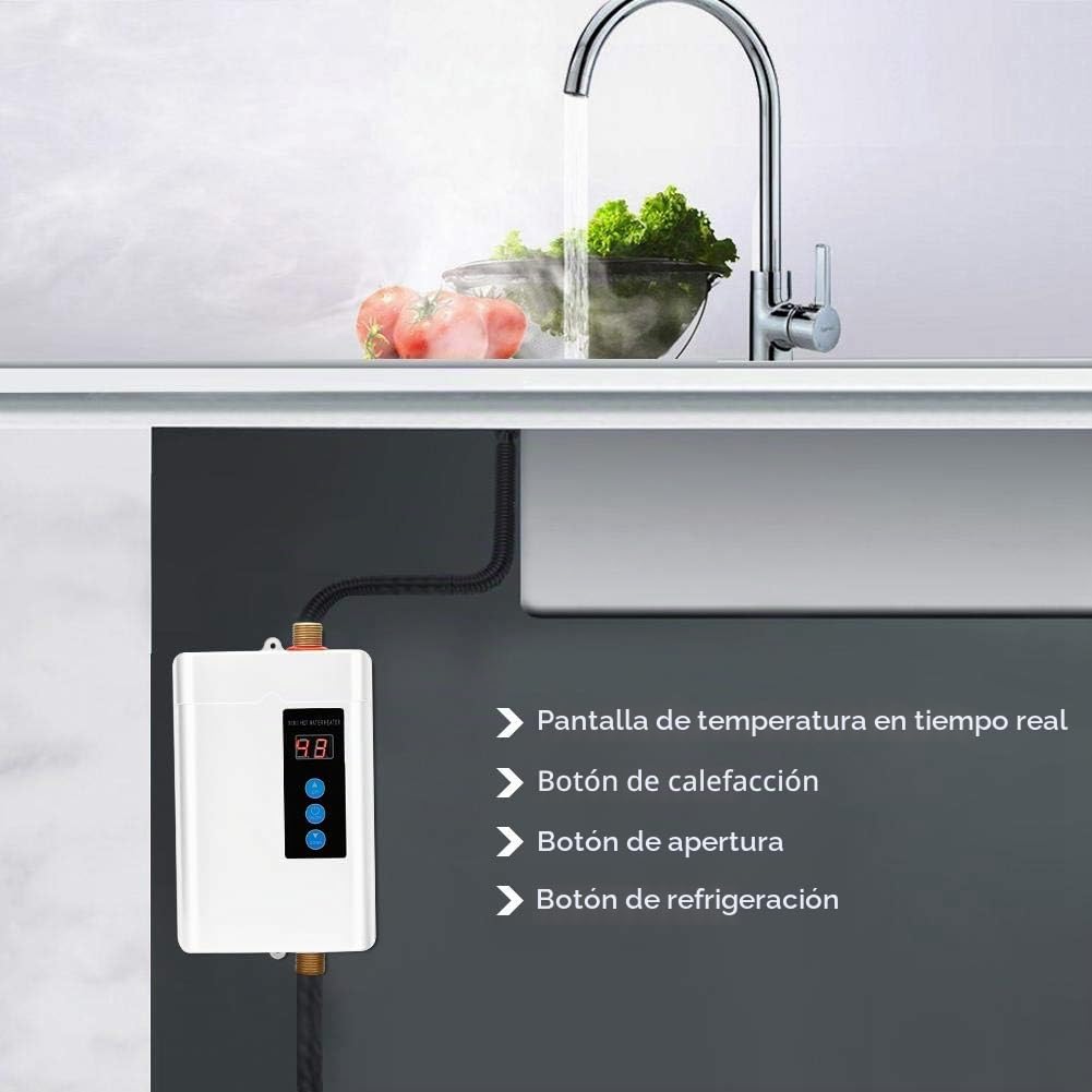 Calentador de Agua Instantáneo, Mini Pantalla Táctil LCD Calentador de Agua eléctrico sin Tanque Calentador de Agua de Control Remoto Máquina de Calentamiento de Agua para El Hogar(Blanco UE 4000W)