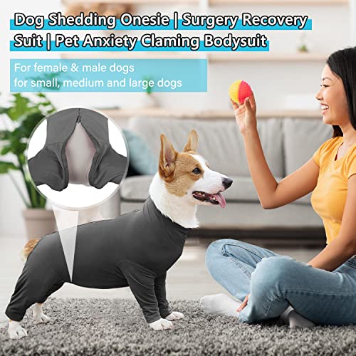 Image of Dog Onesie Anti Shedding Suit Full Coverage Pet Bodysuit After Surgery Wear Surgical Recovery Jumpsuit E Collar Alternative Anxiety Calming Shirt for Female Male Dog GrayM