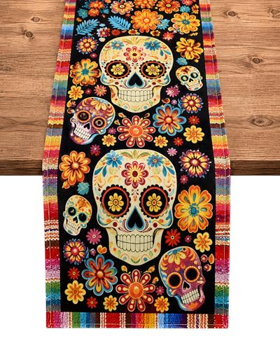 REPROE Dia De Los Muertos Table Runner, Sugar Skull Floral 13x72