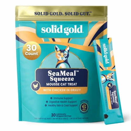 Solid Gold Lickable Cat Treats - Limited Ingredient Chicken SeaMeal™ Squeezable Healthy Cat Treats for Indoor Cats - Snack & Topper Squeeze Ups for Cats w/Seaweed for Gut & Immune Support - 3oz/30ct