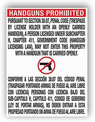 Texas Open Carry Sign Synthetic Paper Poster, Handguns Prohibited Sign (30.07) (21x21 inches)