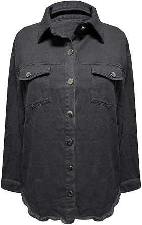 The Beauty North Denim Jacket,Women's Boyfriend Button Down Frayed Hem Shacket Distressed Jean Jackets