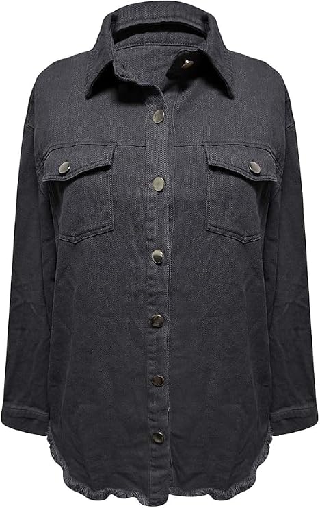 The Beauty North Denim Jacket,Women's Boyfriend Button Down Frayed Hem Shacket Distressed Jean Jackets