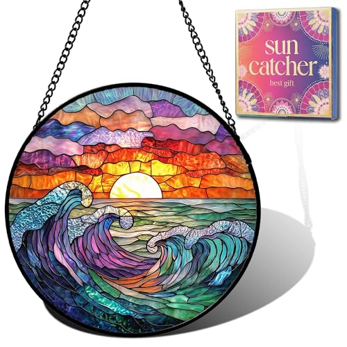 Beach Gifts for Mom - Sunrise Waves Faux Stained Glass Window Hanging Sun Catcher for Door Garden...