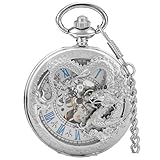 Alwesam Men's Mechanical Dragon Design Hand Wind Pocket Watch Roman Numerals Steampunk with Chain Box