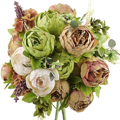 Image of FiveSeasonStuff Rustic Brown, Beige & Green Artificial Peony Bouquets, 2 Silk Flower Bundles with Hydrangeas for Wedding & Dining Table Centerpieces, Living Room & Home Decor