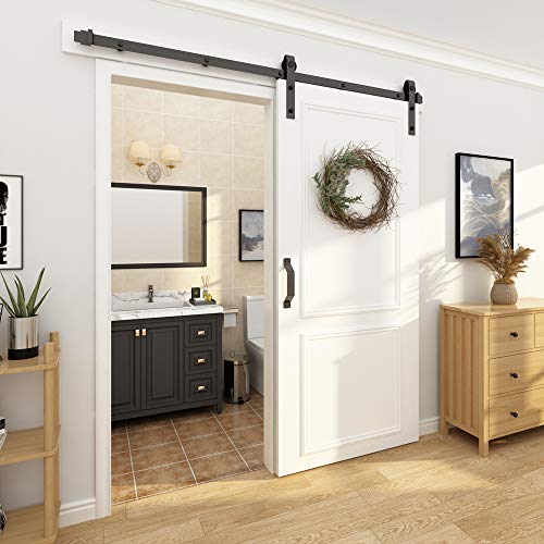 Winsoon Barn Door Hardware Kit For Single Sliding Door Roller Track System Antique J Shape Style Black, 4-18Ft For Choose (5Ft Single Door Kit) #TOP1