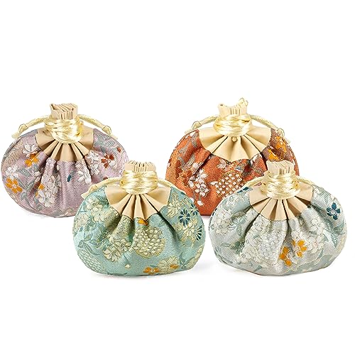 FCJCT 巾着袋 ラッピング袋 和柄 箔押し プレゼント袋 可愛い 袋 ポプリ袋 誕生日 小分けふくろ 小物入れ 収納袋 ギフトバッグ 綿 収納バッグ ミニポーチ (9x9cm, 中華風 浅い色) -