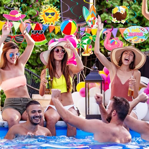 Image of 54 Pieces Pool Swirls Decorations Cute Summer Party Foil Swirls Garland Ceiling Wall Hanging Cutouts for Hawaiian Luau Pool Themed Party Baby Shower Birthday Party Decoration Supplies