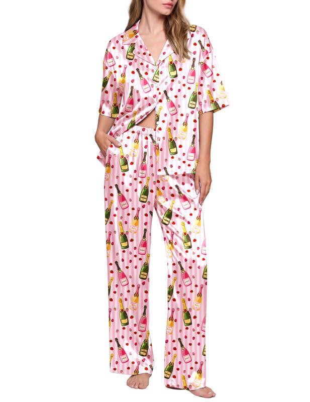 Image of Ekouaer Silk Satin Pajamas Set Women Short Sleeve Pj Sets Button Down Sleepwear 2 Piece Soft Loungewear S-XXL