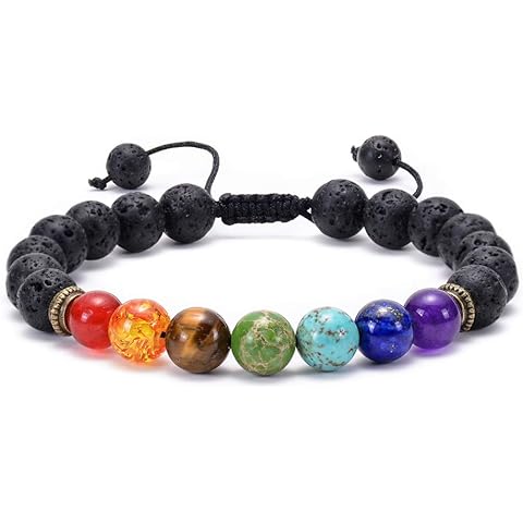 GelConnie Lava Rock Chakra Bracelet 7 Chakra 8mm Natural Stone Healing Bracelet Stress Relief Yoga Beads Anxiety Bracelet Aromatherapy Essential Oil Diffuser Bracelet Bangle
