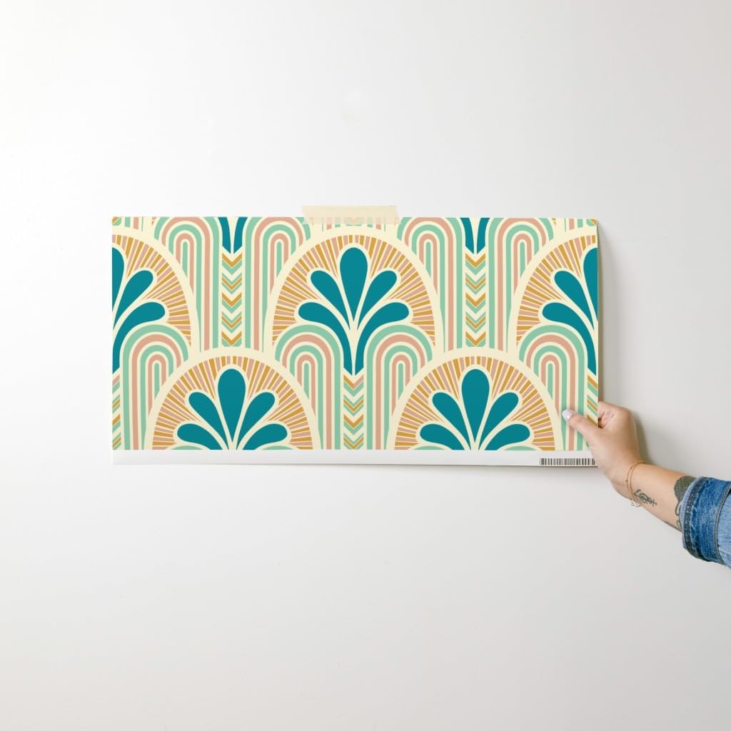 Spoonflower Removable Wallpaper Swatch - Beach Art Deco Vintage Retro Pastel Fan Colorful Teal Orange Custom Pre-Pasted Wallpaper