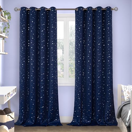 Image of BGment Kids Blackout Curtains for Bedroom - Grommet Thermal Insulated Silver Star Print Room Darkening Curtains for Kids Room, Set of 2 Panels, 55 x 96 Inch, Navy Blue
