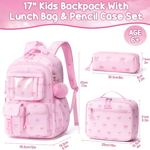 Image of Fimibuke Kids Backpack for School Girls, 3Pcs Waterproof Girls Backpack with Lunch Box & Pencil Pouch - Lightweight Bookbag for Elementary Middle School Student Teens Ages 6+ Pink Bow