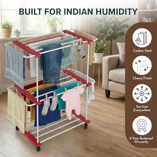 Image of TNT THE NEXT TREND Trixy 2 Layer Carbon Steel Indoor & Outdoor Clothes Drying Stand with U-Bar, Wheels, 33.4 ft Drying Space, (L96 x B45.3 x H119.5 cm), 5 Year Rust Proof Warranty, Cherry