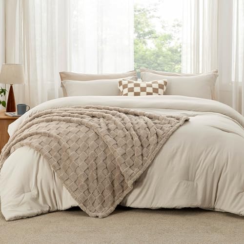 Bedsure Comforter Full Size 5 Pieces - Full Size Comforter Set with Checkered Throw Blanket and Decorative Pillow, Lightweiget Bedding, All Season Bedding Sets, Linen Beige