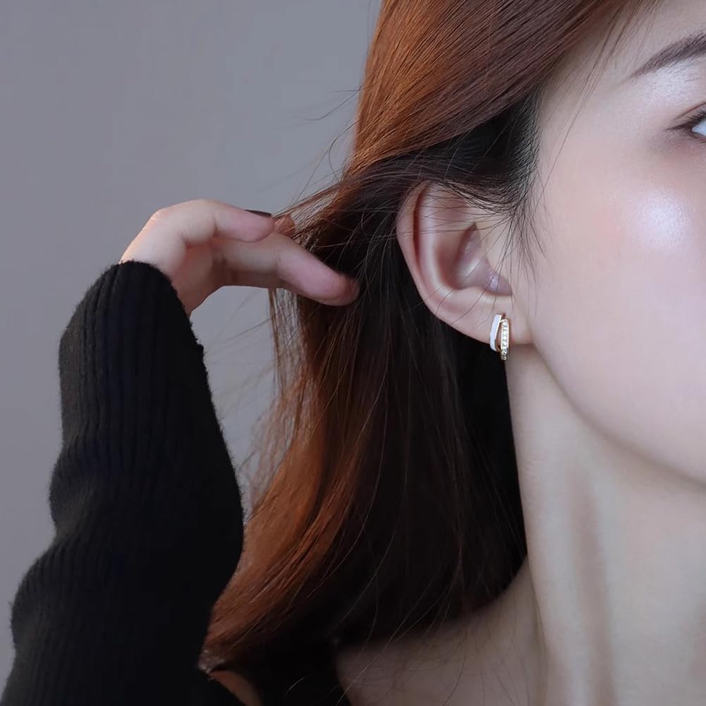 Gold Huggie Split Double Hoop Earrings for Women 14k Plated Gold 925 Sterling Silver Dainty White Stud Earrings Jewelry Gifts