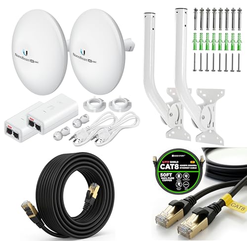 Image of Wireless Bridge NBE-5AC-GEN2 PRE-CONFIGURED Bundle of 2 Ubiquiti NanoBeam 5AC GEN2, 2 J-Pole Mount and 2 50FT CAT 8 Cable- Point-to-Point Wi-Fi Bridge, Plug and Play, 450+ Mbps Speed, 15Km