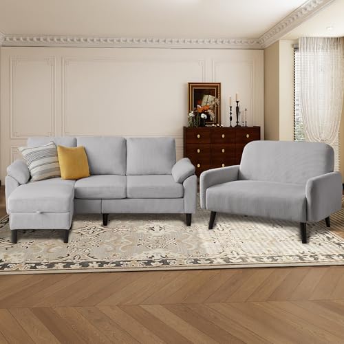 Firmacielu Corduroy Sectional Sofa Set with Storage Ottoman & Loveseat, 3 Seat L-Shaped Couch with Hidden Storage Ottoman, Removable Cushions and Covers,Modern Living Room Furniture (3-Piece Set)