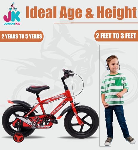 Image of JUNIOR KID BMX 14 Inch Kids Cycle with Rigid Suspension Side Wheels Ideal for 2 to 5 Years Boys and Girls Bicycle Red