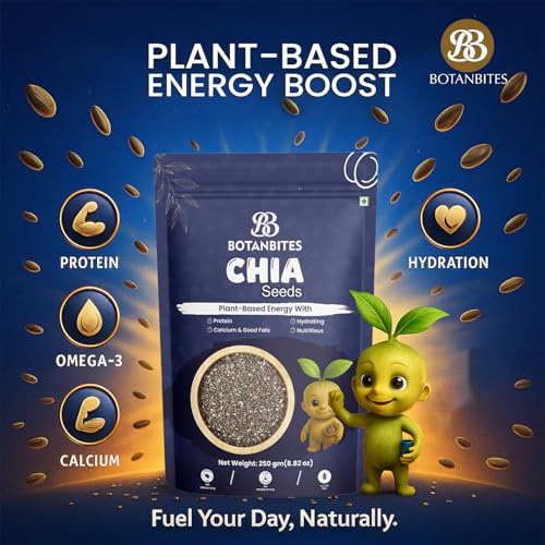Image of BOTANBITES Chia Seeds 250g | Rich in Omega-3, Fibre & Protein | Superfood for Fat Loss, Digestion & Energy | Gluten-Free & Vegan Seeds for Eating | Ideal for Smoothies, Salads & Puddings (250g)