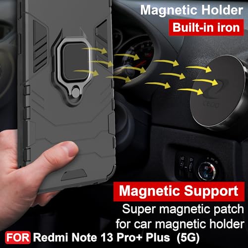 Image of CEDO Kickstand Cover for Redmi Note 13 Pro+ Plus (5G) Rugged Case | Built-in Stand Rotating Ring Holder | Military Grade Armor Bumper Back Cover (Black)
