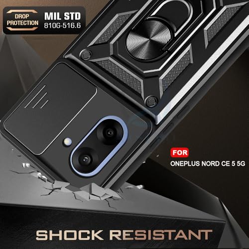 Image of AESTMO Tough Armor OnePlus Nord CE 5 5G Bumper Back Case Cover | Ring Holder & Sliding Camera Shield Cover | 360 Degree Protection Back Case Cover for OnePlus Nord CE 5 5G (Black)