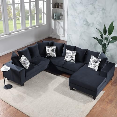 Merax 110' Modern Sectional Sofa Sets with Reversible Chaise Lounge, Velvet Fabric Upholstered Corner Couch & Comfy Throw Pillows for Living Room, Apartment, Office, 7 Seats-U Shape, Black