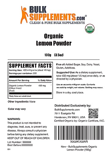 Bulksupplements.com Organic Lemon Powder - Natural Vitamin C Source, Fruit Powder, Lemon Flavoring - For Smoothies & Juice, Gluten Free - 450Mg Per Serving, 100G (3.5 Oz) #TOP1