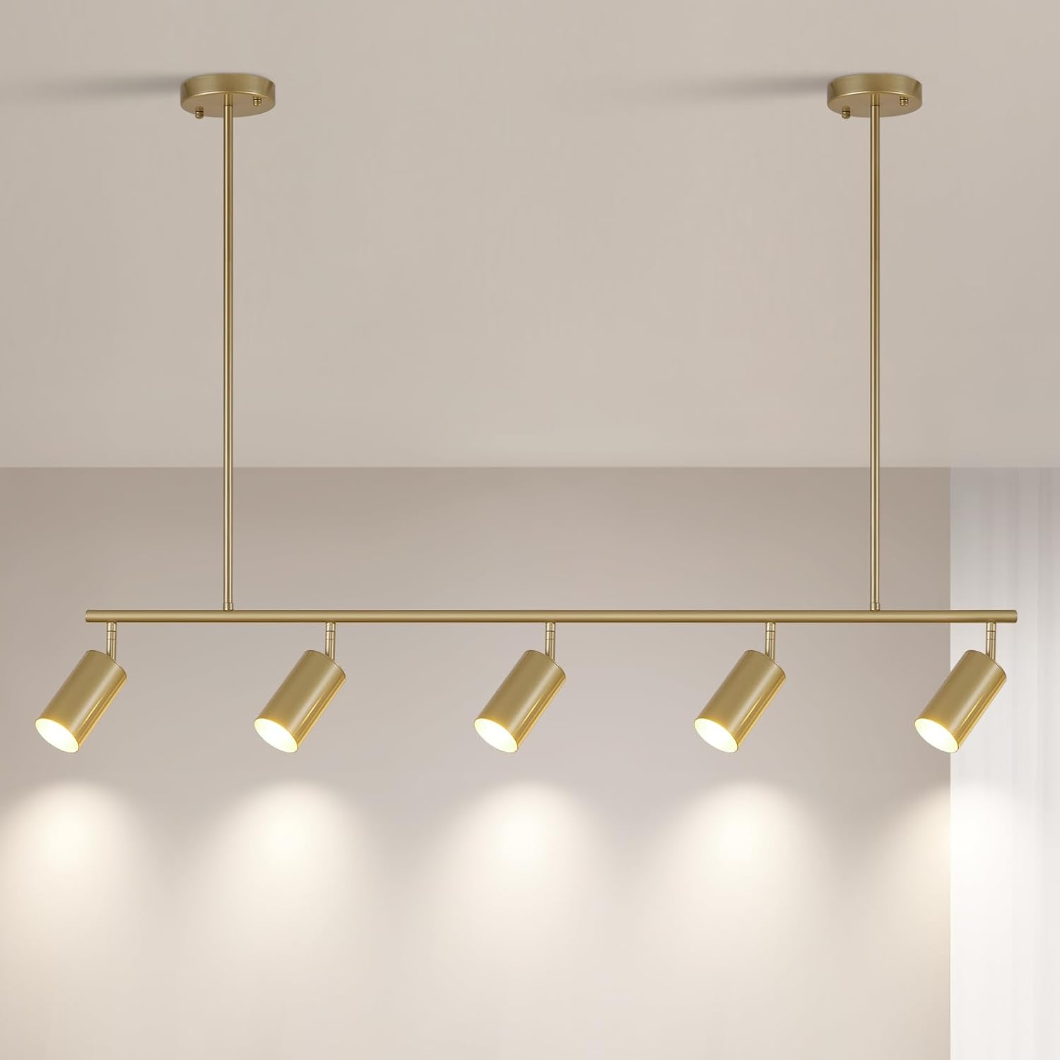 Modern Gold 5-Light Track Pendant Lighting, Adjustable Ceiling Spotlights for Kitchen, Dining, Living Room – Rotatable Heads, Dimmable Compatible, Industrial Linear Design