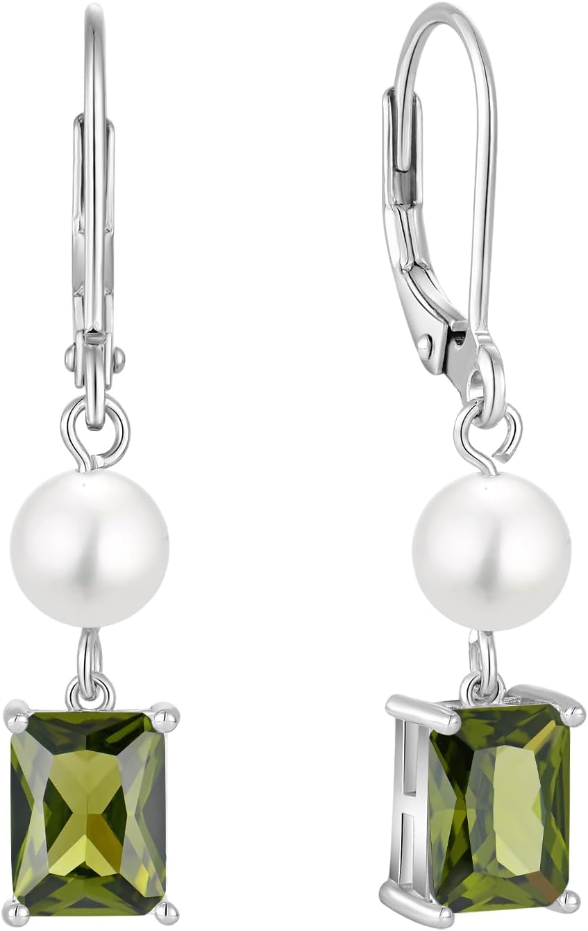 FJ Pearl Drop Earrings 925 Sterling Silver Emerald Cut Dangle Leverback Earrings Birthstone Jewelry Gifts for Women