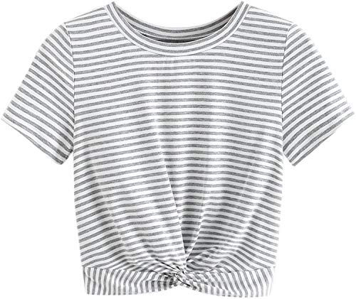 MakeMeChic Women s Summer Crop Top Solid Short Sleeve Twist Front Tee T-Shirt Grey Striped M