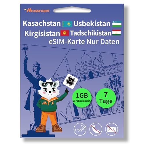 Prepaid-eSIM-Karte für Kasachstan, Kirgisistan, Tadschikistan und Usbekistan, QR-Code, 1 GB 4/5G, tägliches LTE-Highspeed-Datenvolumen für 7 Tage mit Hotspot