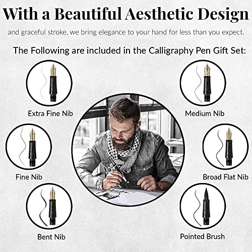 Wordsworth & Black Calligraphy Pen Gift Set, Includes Ink Bottle, 6 Ink Cartridges, Ink Refill Converter, 6 Replacement Nibs, Premium Package, Journaling, Smooth Writing Pens [Black Gold] #TOP4