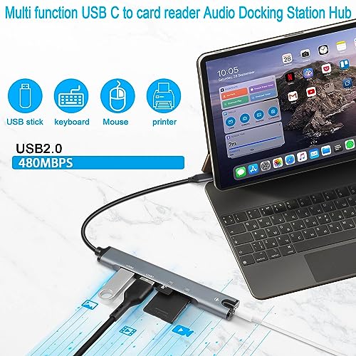 QIANRENON 5 in 1 USB C Multifunctional Docking Station Adapter Type C Male to Dual USB2.0 TRRS 3.5mm Audio TF/SD Card Reader Multi Port Hub Extender - Image 2