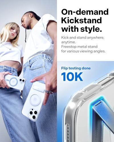 Image of CASEOLOGY by Spigen Capella Mag Kickstand for iPhone 16 Pro Case [Built-in Kickstand] Magnetic Military Grade Drop Protection Back Cover Case for iPhone 16 Pro (TPU and PC | Clear White Silver)