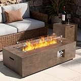 2-Piece 42' Rectangular Propane Fire Pit for Outside Patio with Hidden Tank Table, 50,000 BTU Fireplaces with Glass Wind Guard, Lid, Glass Rocks, Cover(Walnut Wood Grain)
