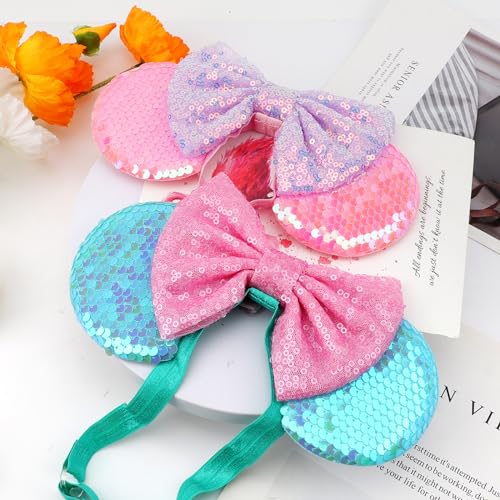 Image of DRESHOW Minnie Ears Headbands Mouse Ears Sequin Bow Headbands Elastic Adjustable Headband Glitter Party Decoration Cosplay Costume for Women