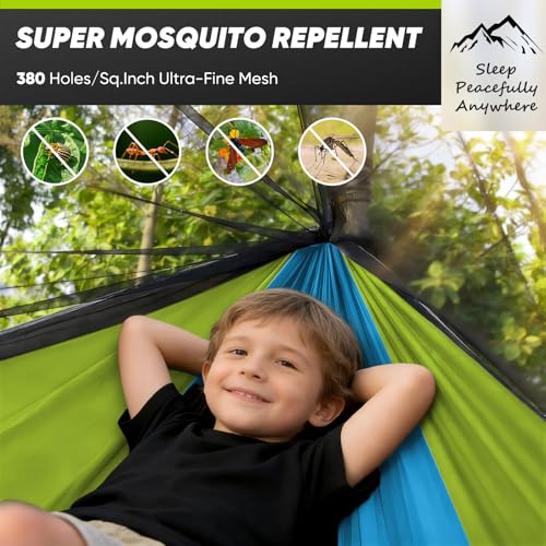 Image of Small Camping Hammock with Mosquito Net, 450 lbs Portable Hammock with Tree Straps, 2-in-1 Double /Single Travel Hammocks, Hammock for Outside /Indoor /Backpacking /Beach - Sky Blue & Green